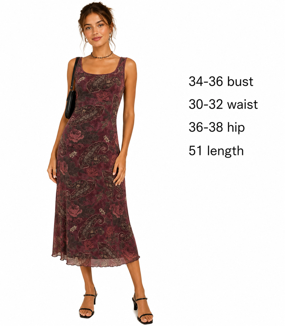 City Triangles Vintage Fairy 90s Whimsigoth Mesh Midi Plum Paisley Dress sz S